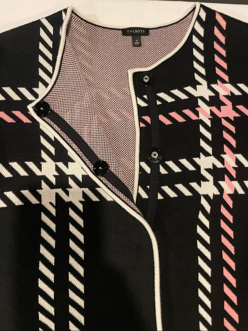 Women's Black Plaid Button Front Coat with Pink & White Accents - Picture 3 of 4